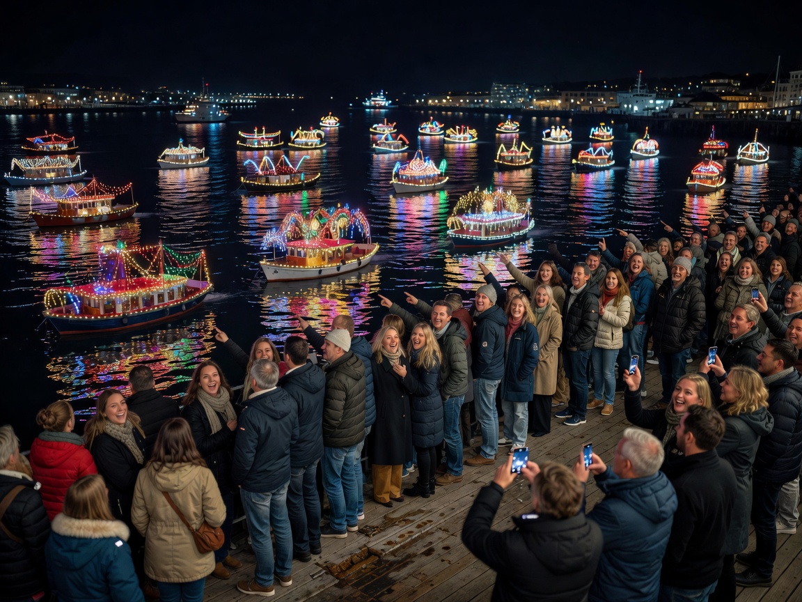 Spectators watching night boat parade from harbor dock