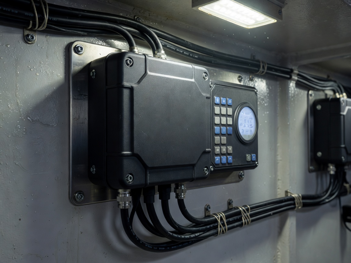 Detail of marine-grade LED controller setup on vessel