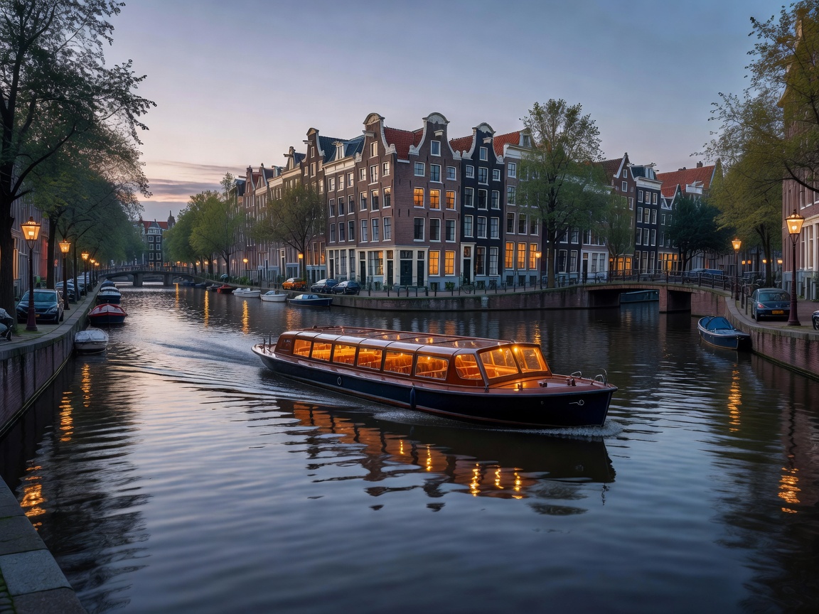 Illuminated canal boat cruising through historic Amsterdam canal loop
