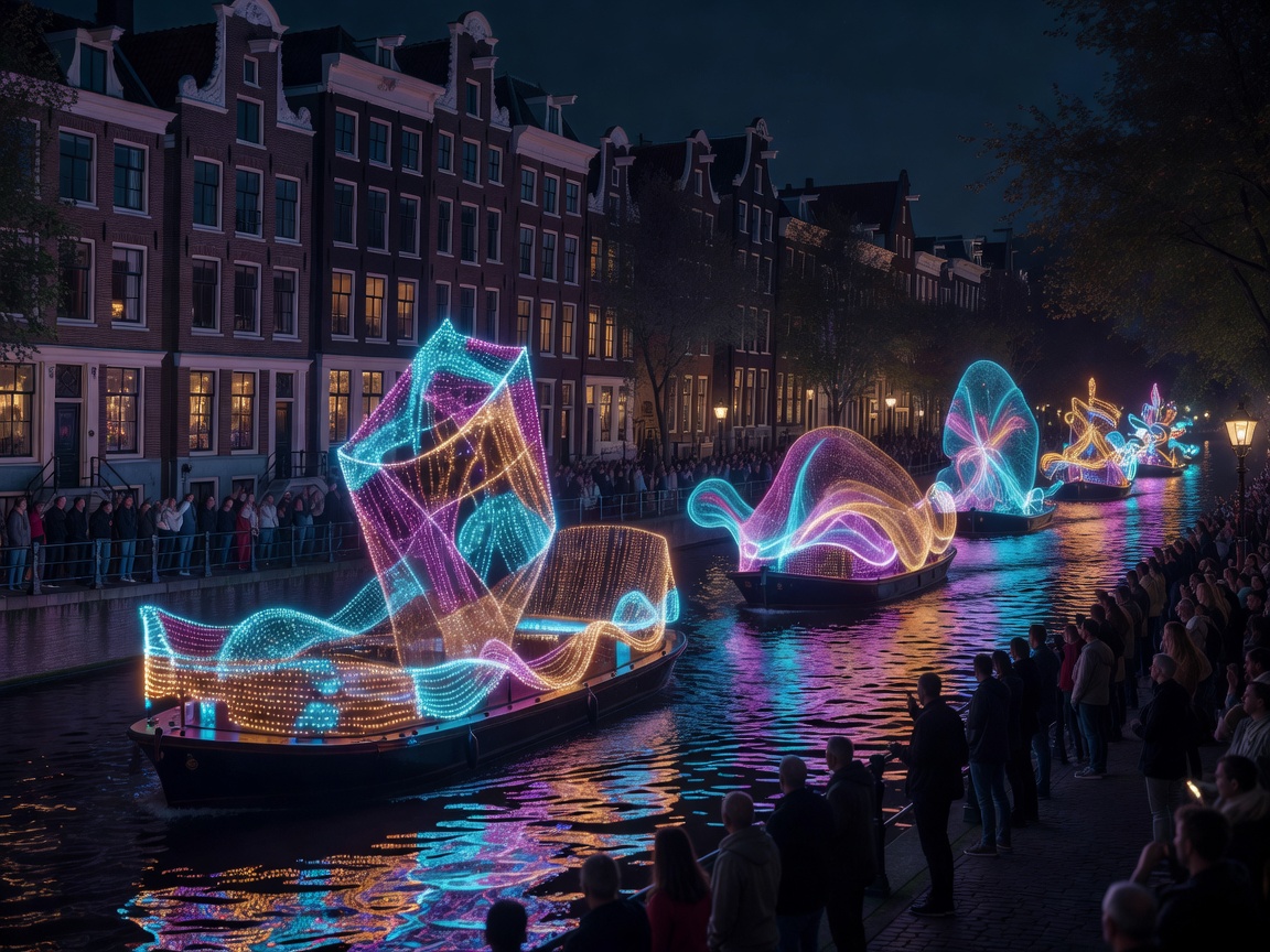Illuminated canal boats during Amsterdam Light Parade