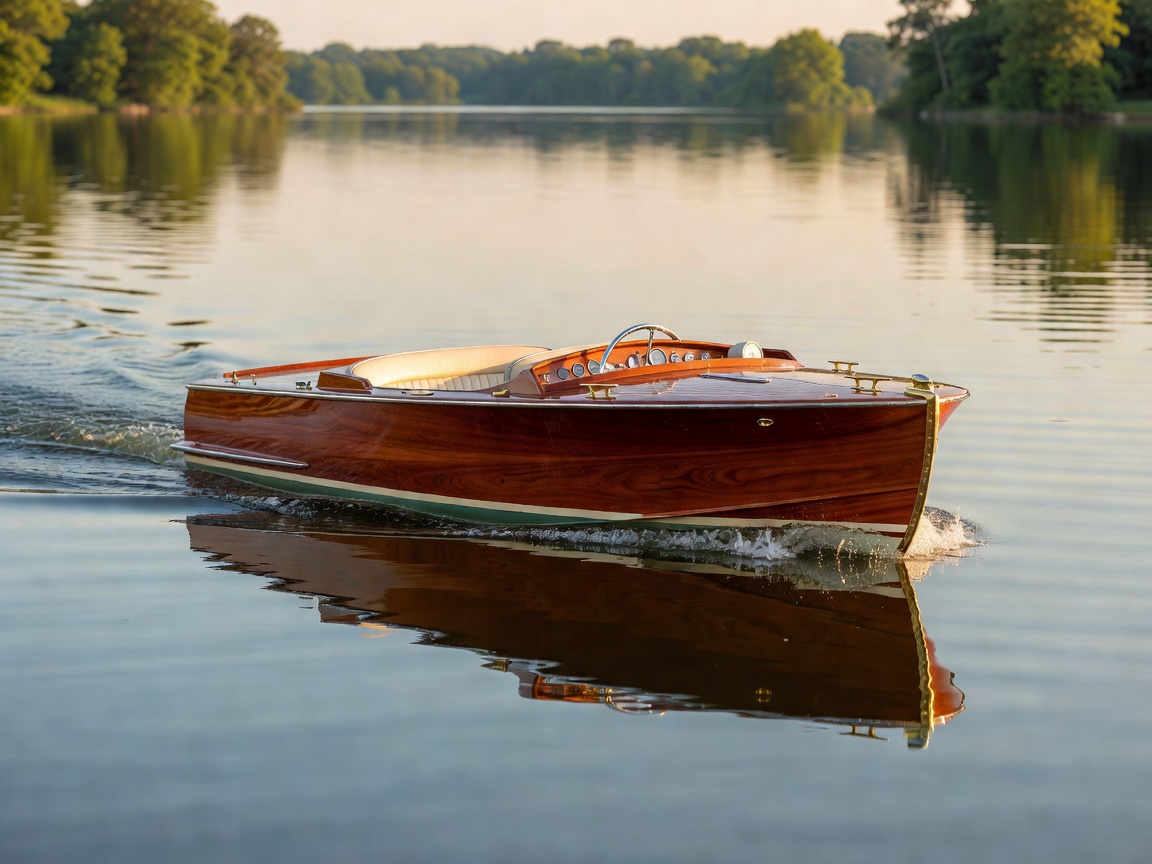 Classic wooden motorboat cruising during historical parade