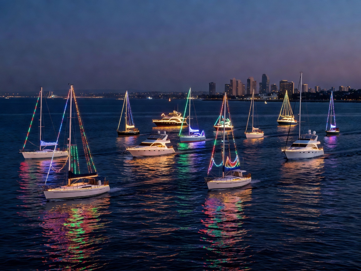San Diego Bay Parade of Lights decorated holiday boats cruising