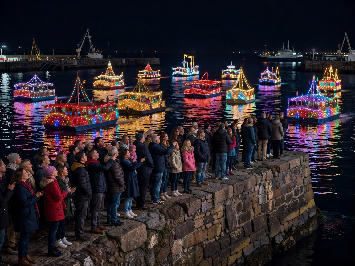Spectators looking out over illuminated water parade from harbor wall