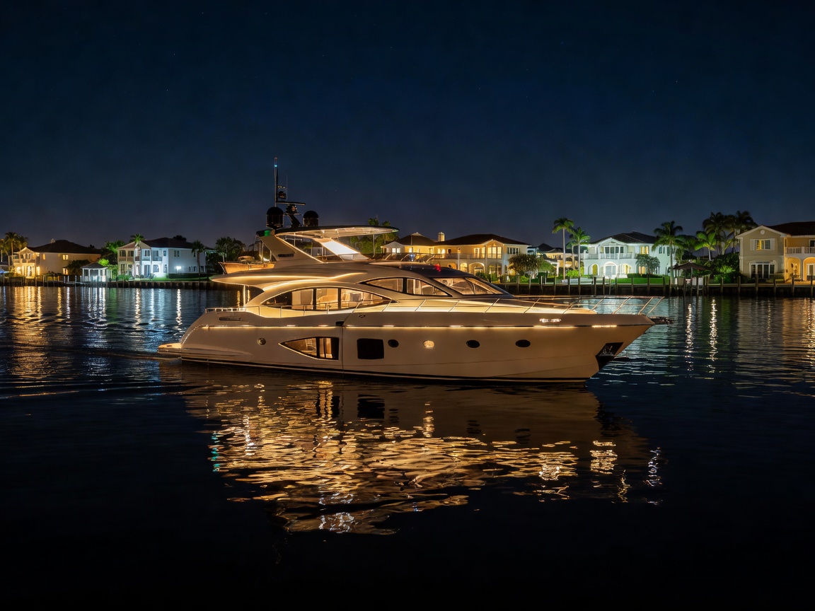 Superyacht illuminated along Fort Lauderdale Intracoastal Waterway
