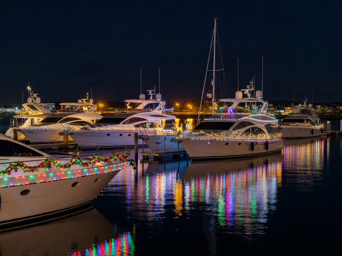 Yachts decorated with Christmas lights in Newport Harbor