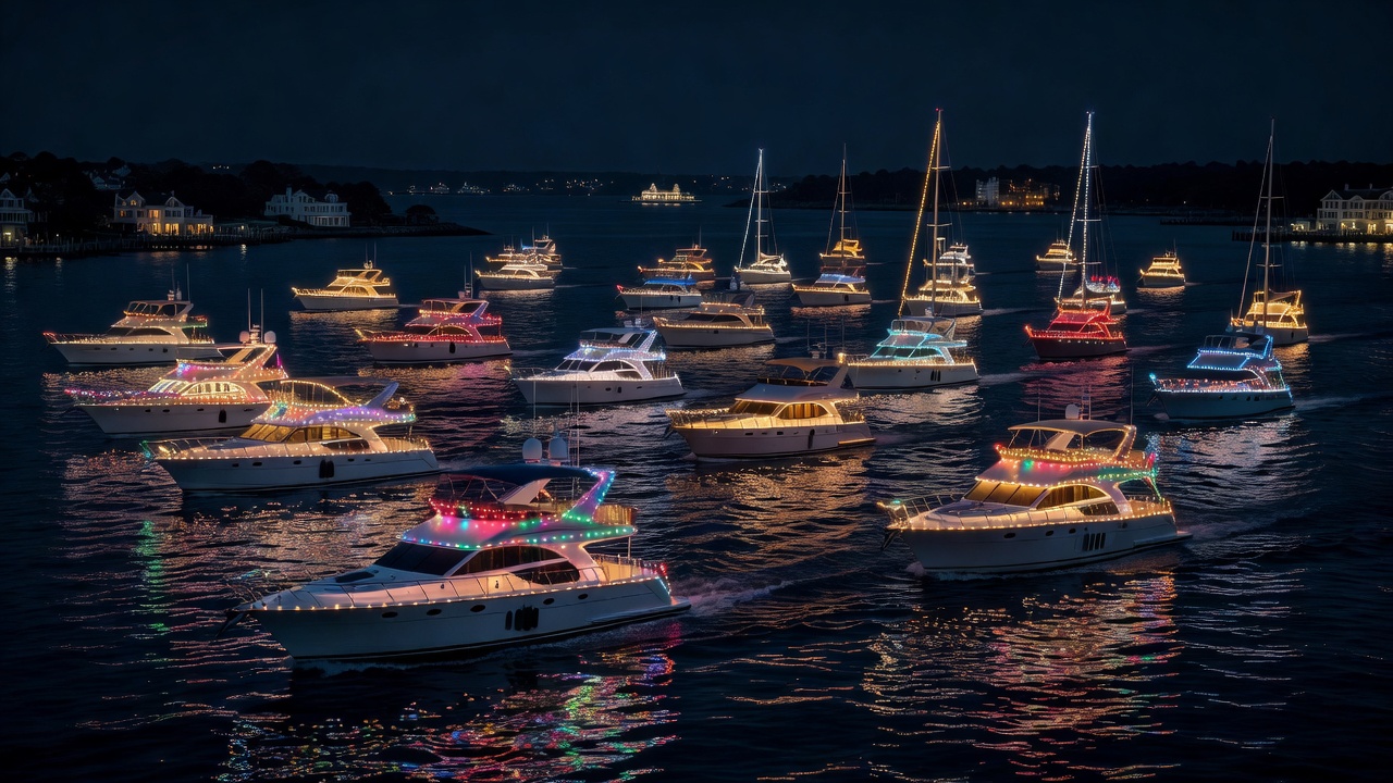 Yachts illuminated in Newport Harbor during annual parade